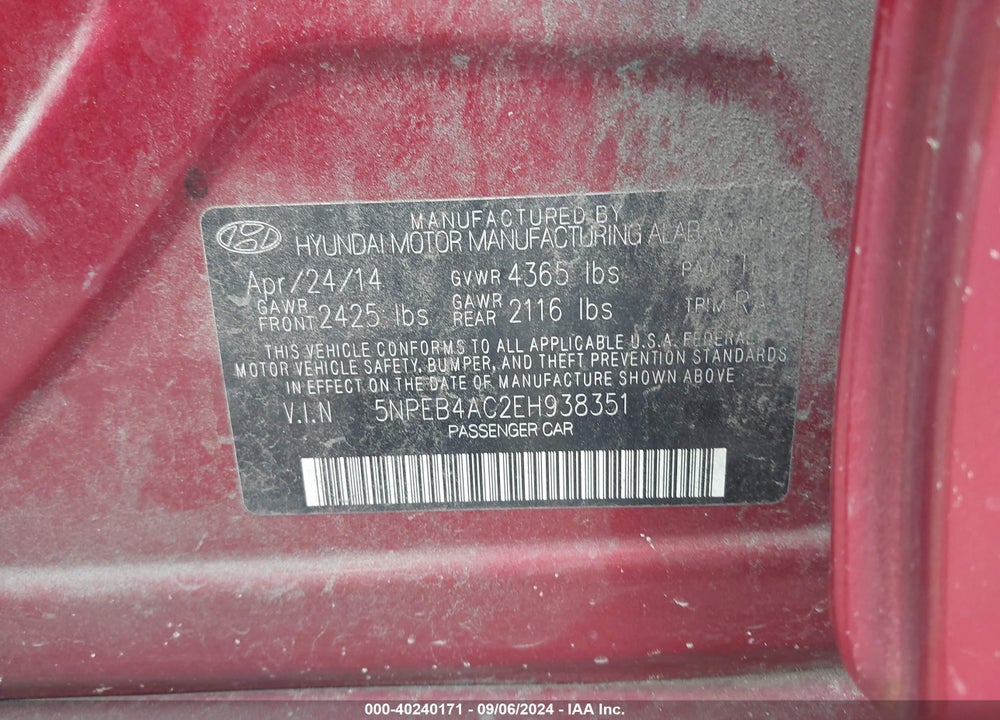 2014 HYUNDAI SONATA GLS VIN: 5NPEB4AC2EH938351