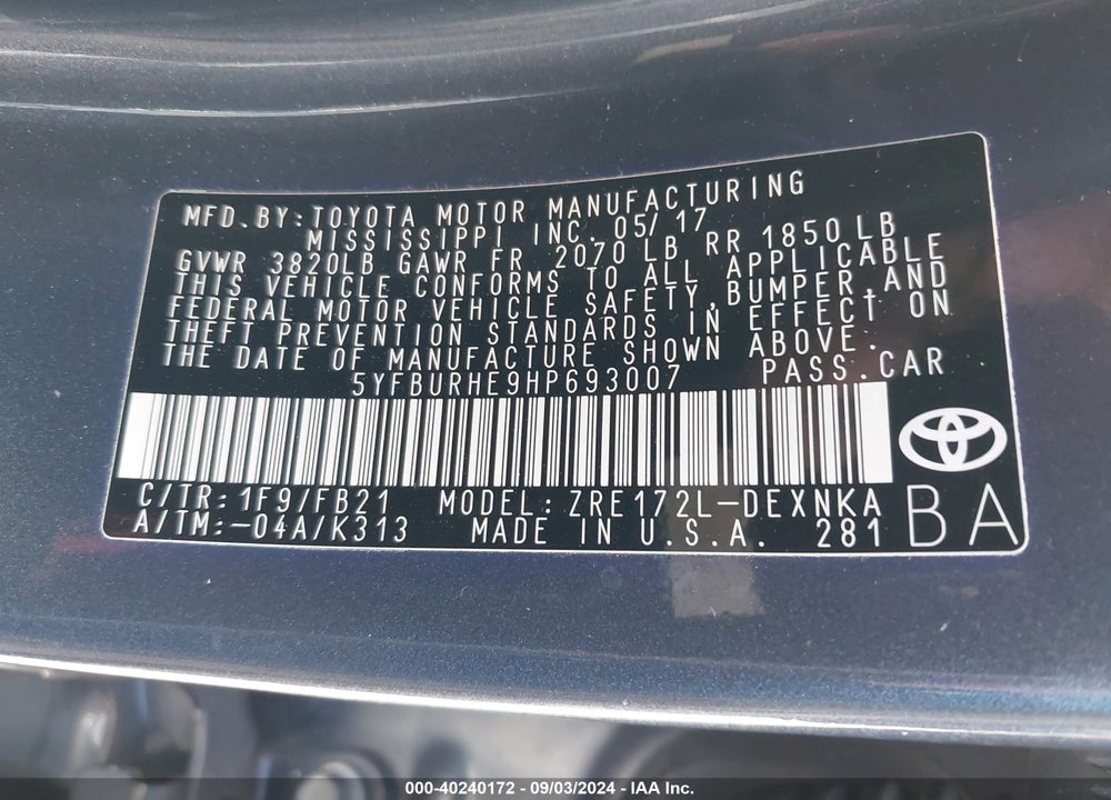 2017 TOYOTA COROLLA VIN: 5YFBURHE9HP693007