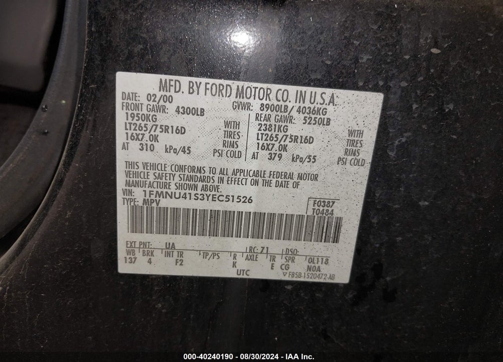 2000 FORD EXCURSION XLT VIN: 1FMNU41S3YEC51526