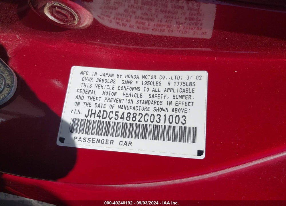 2002 ACURA RSX VIN: JH4DC54882C031003
