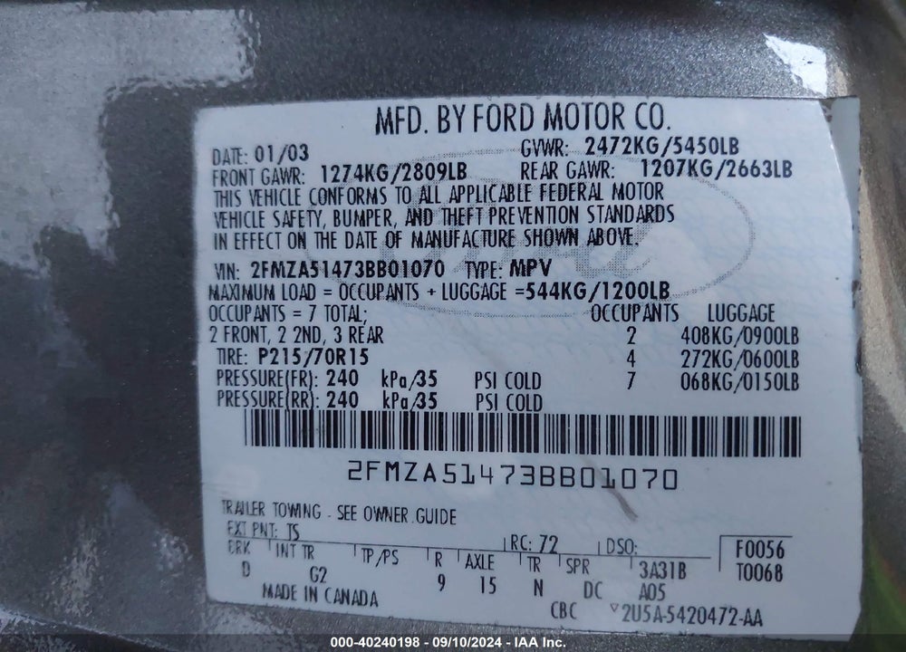 2003 FORD WINDSTAR LX VIN: 2FMZA51473BB01070