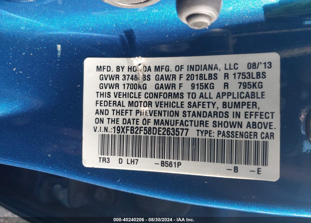 2013 HONDA CIVIC LX VIN: 19XFB2F58DE263577