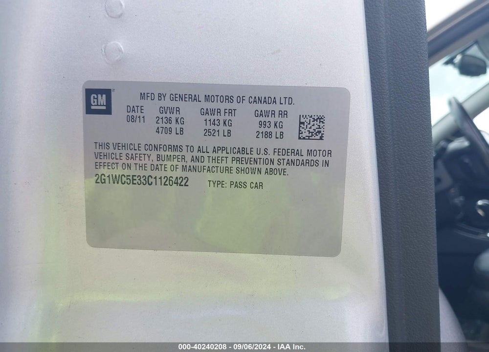 2012 CHEVROLET IMPALA VIN: 2G1WC5E33C1126422