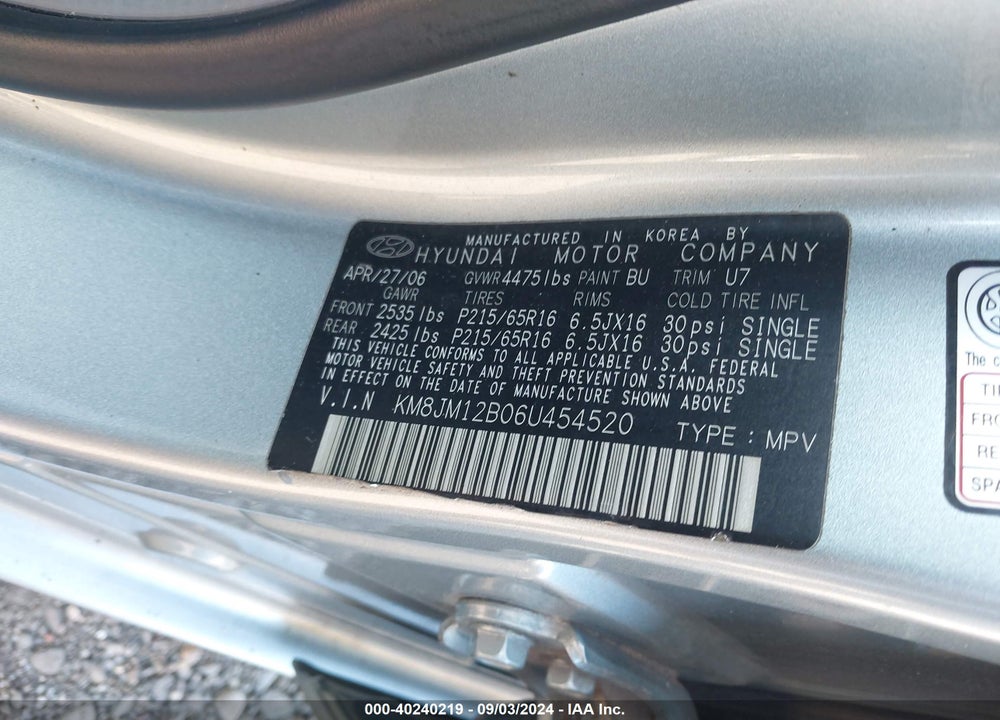 2006 HYUNDAI TUCSON GL VIN: KM8JM12B06U454520