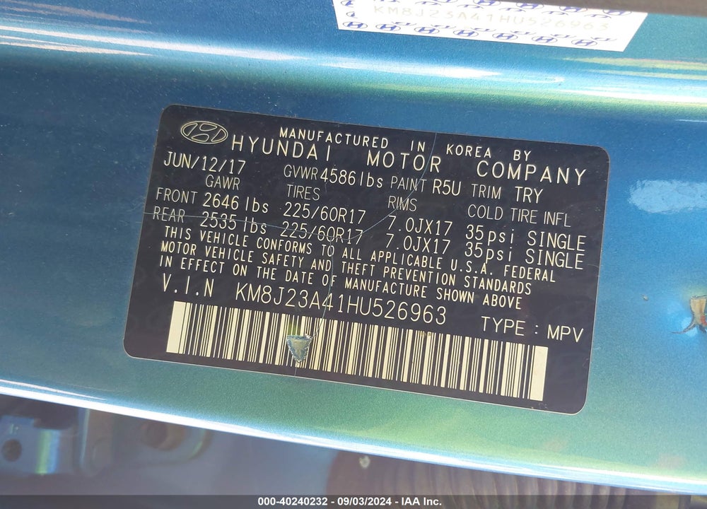 2017 HYUNDAI TUCSON VIN: KM8J23A41HU526963
