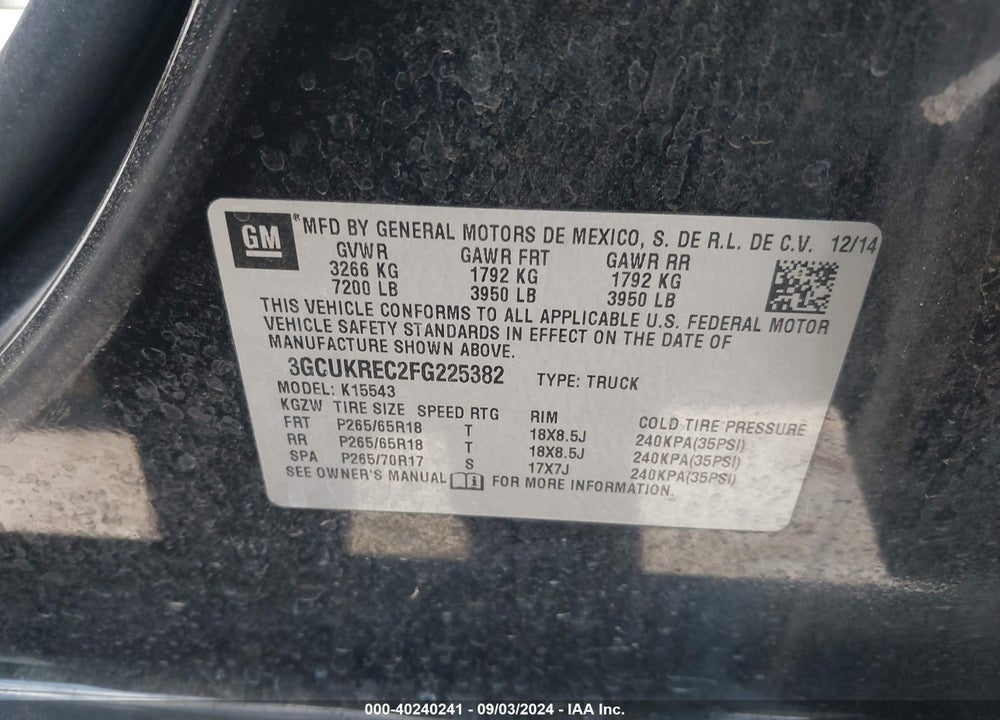 2015 CHEVROLET SILVERADO 1500 2LT VIN: 3GCUKREC2FG225382