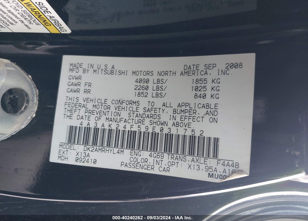 2009 MITSUBISHI ECLIPSE GS VIN: 4A3AK24F59E031752