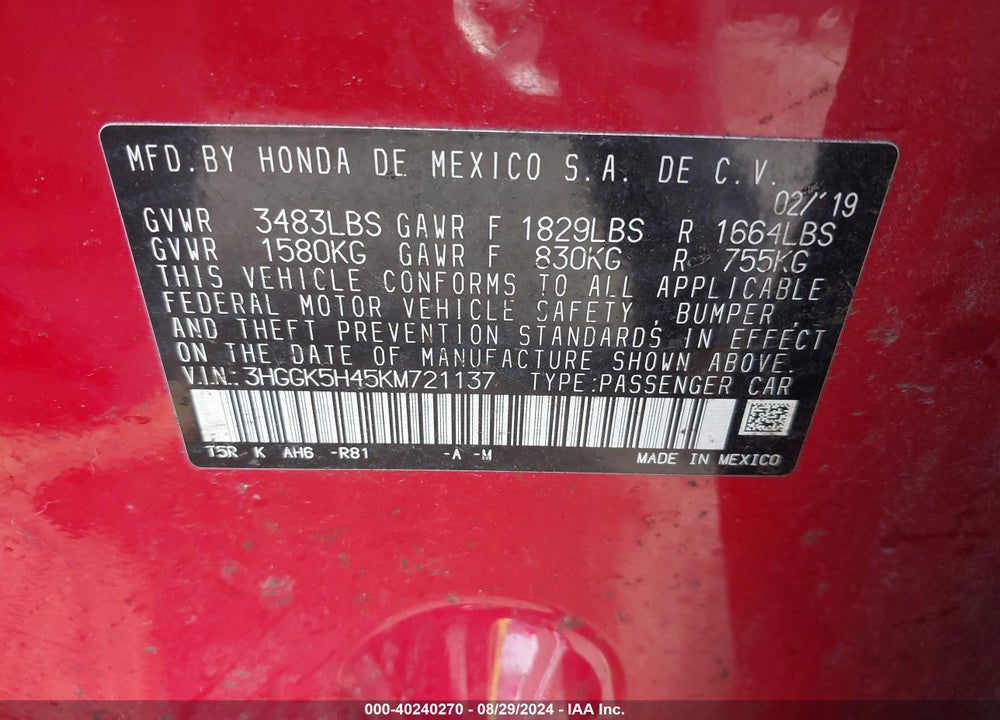 2019 HONDA FIT LX VIN: 3HGGK5H45KM721137