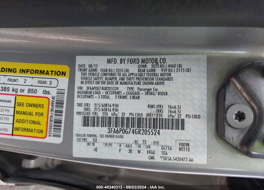 2016 FORD FUSION S VIN: 3FA6P0G74GR205524