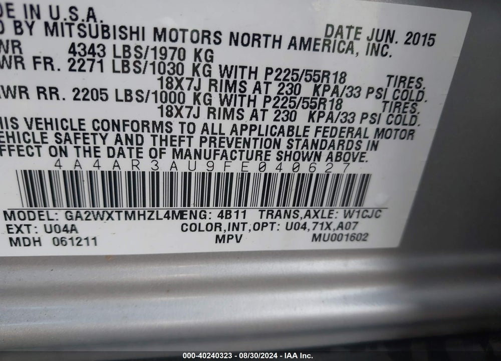 2015 MITSUBISHI OUTLANDER SPORT ES VIN: 4A4AR3AU9FE040627