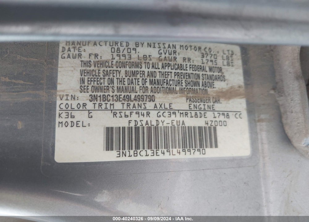 2009 NISSAN VERSA 1.8S VIN: 3N1BC13E49L499790