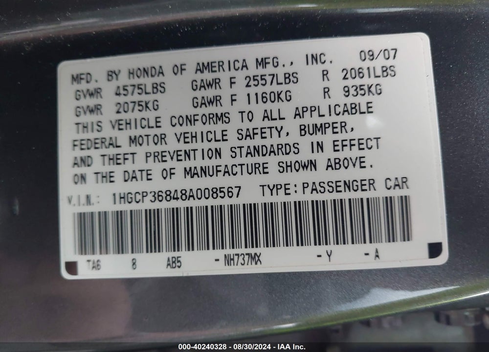 2008 HONDA ACCORD 3.5 EX-L VIN: 1HGCP36848A008567