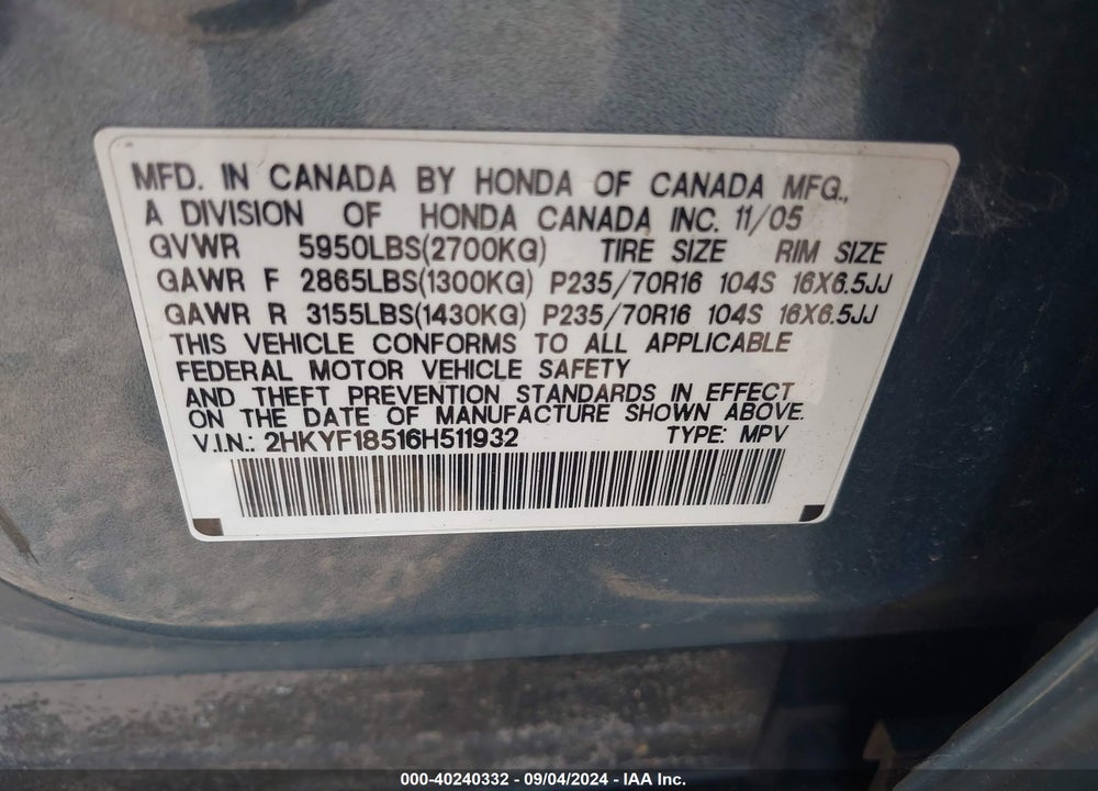2006 HONDA PILOT EX-L VIN: 2HKYF18516H511932