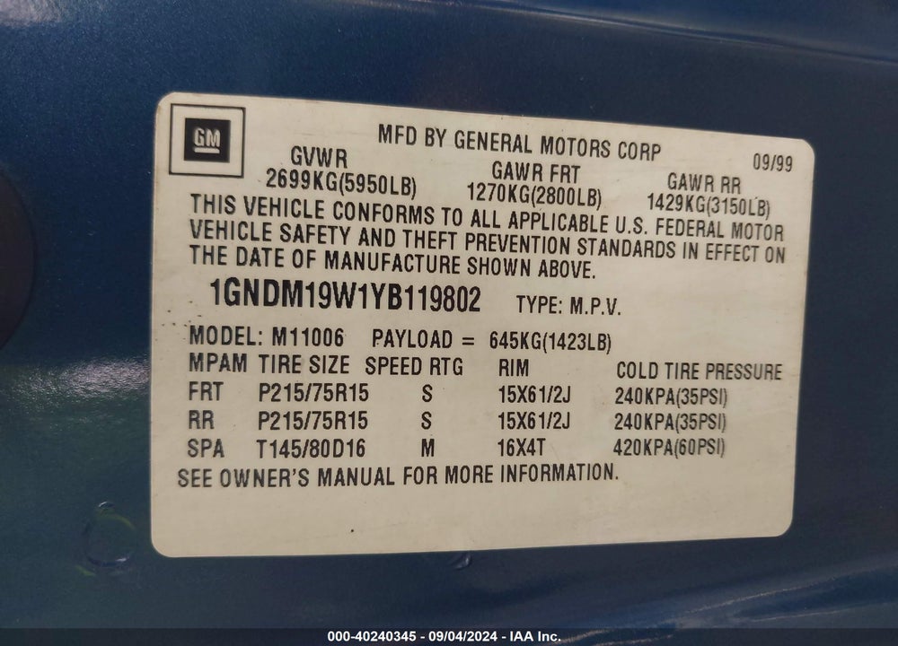 2000 CHEVROLET ASTRO VIN: 1GNDM19W1YB119802