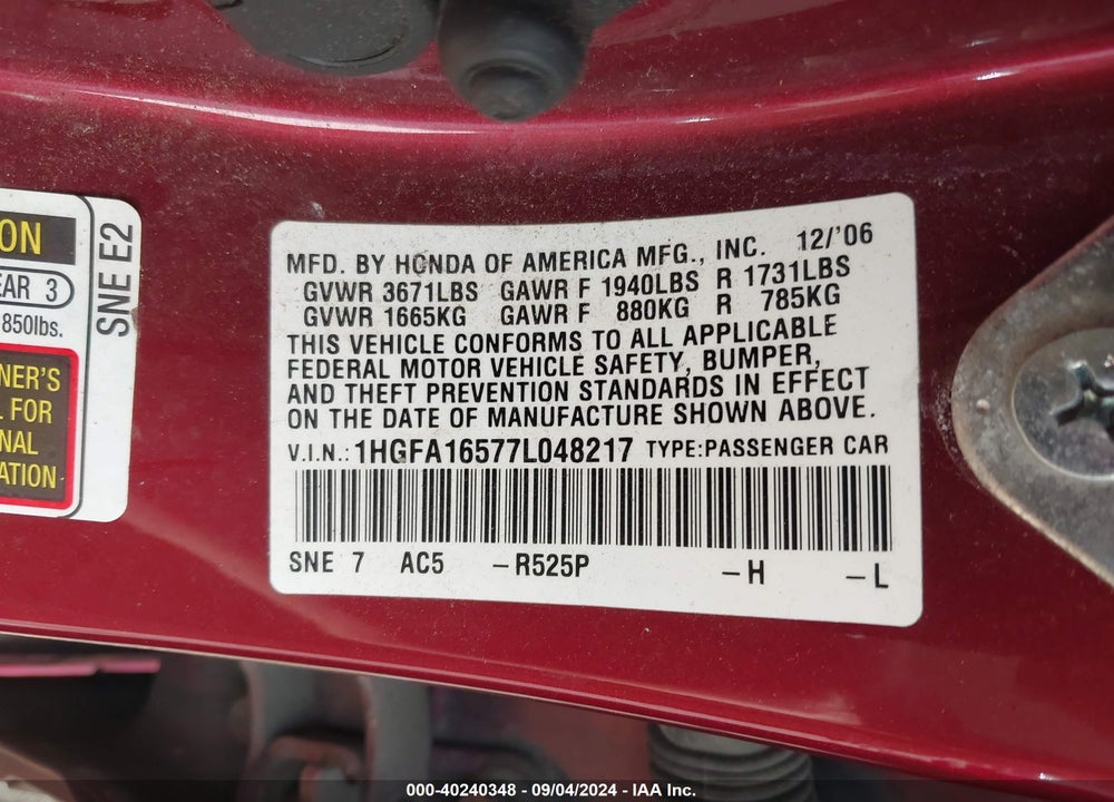 2007 HONDA CIVIC LX VIN: 1HGFA16577L048217