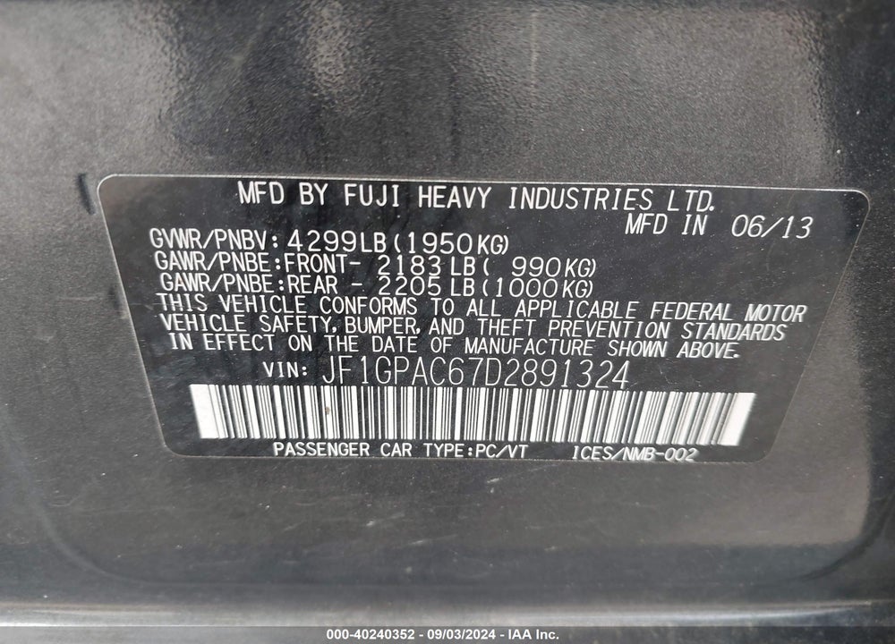 2013 SUBARU IMPREZA 2.0I PREMIUM VIN: JF1GPAC67D2891324