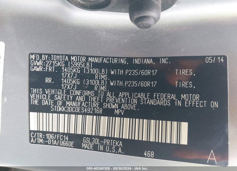2014 TOYOTA SIENNA LE V6 8 PASSENGER VIN: 5TDKK3DC0ES492168