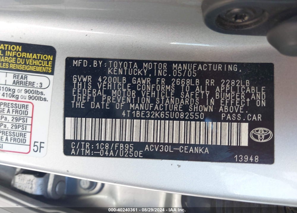 2005 TOYOTA CAMRY LE VIN: 4T1BE32K65U082550
