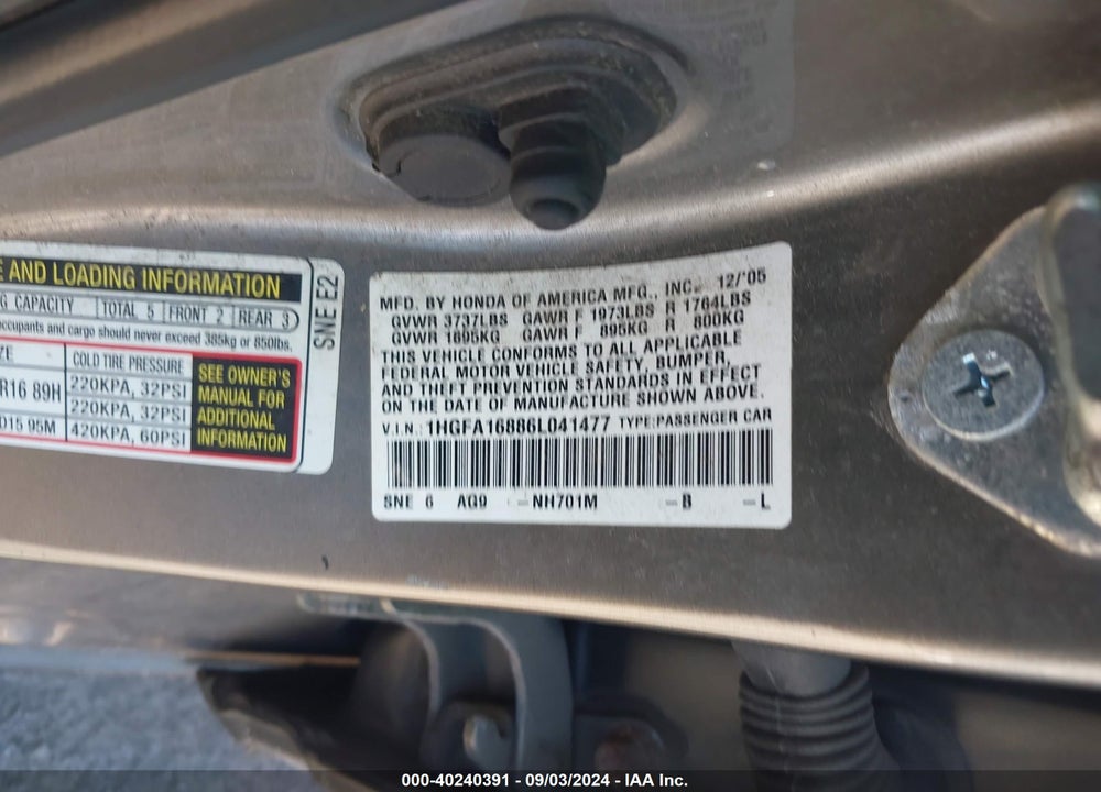 2006 HONDA CIVIC EX VIN: 1HGFA16886L041477