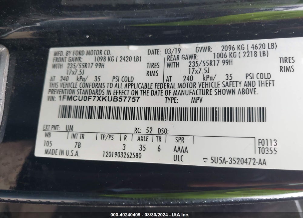 2019 FORD ESCAPE S VIN: 1FMCU0F7XKUB57757