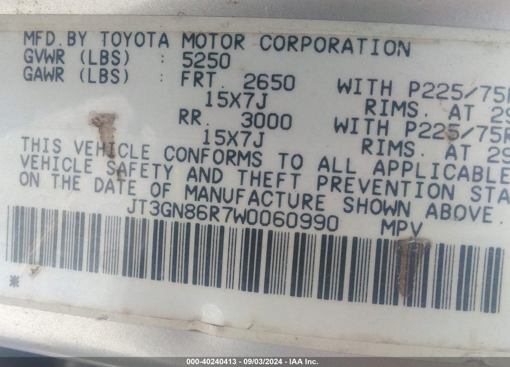 1998 TOYOTA 4RUNNER SR5 V6 VIN: JT3GN86R7W0060990