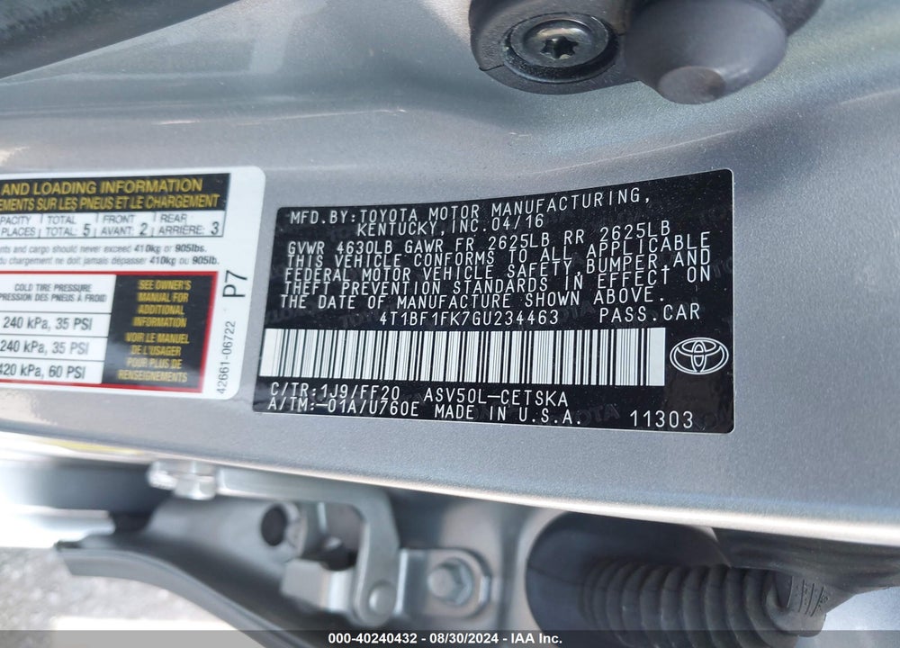 2016 TOYOTA CAMRY SE VIN: 4T1BF1FK7GU234463