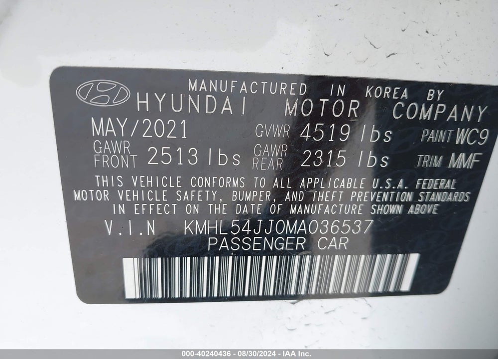 2021 HYUNDAI SONATA LIMITED VIN: KMHL54JJ0MA036537