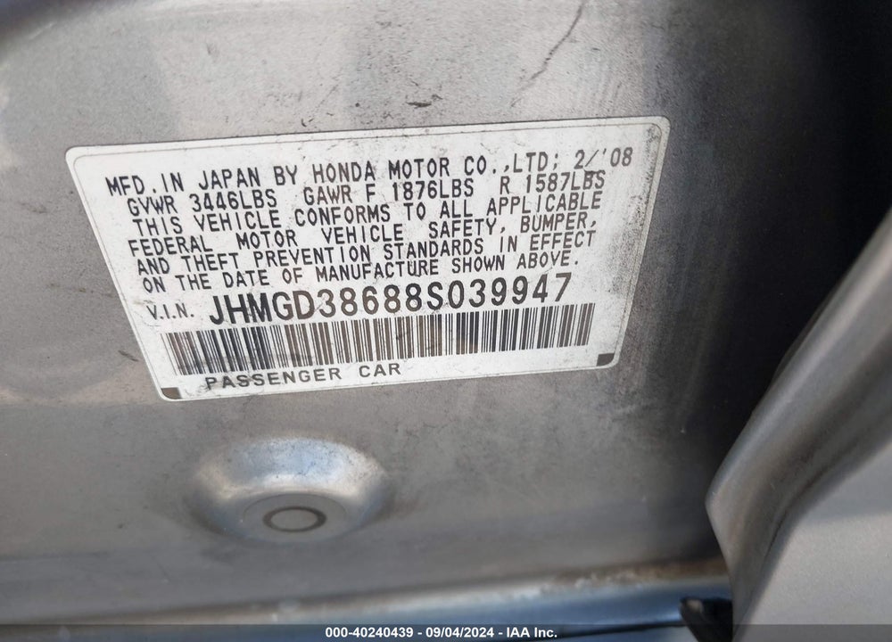 2008 HONDA FIT SPORT VIN: JHMGD38688S039947