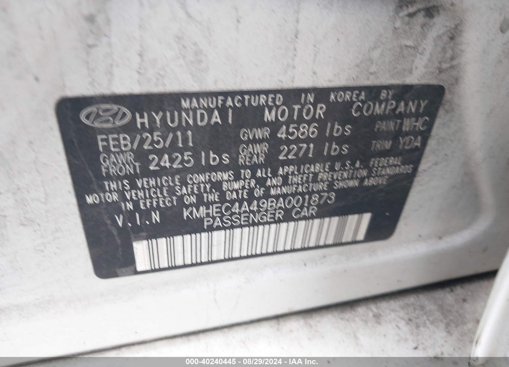 2011 HYUNDAI SONATA HYBRID VIN: KMHEC4A49BA001873