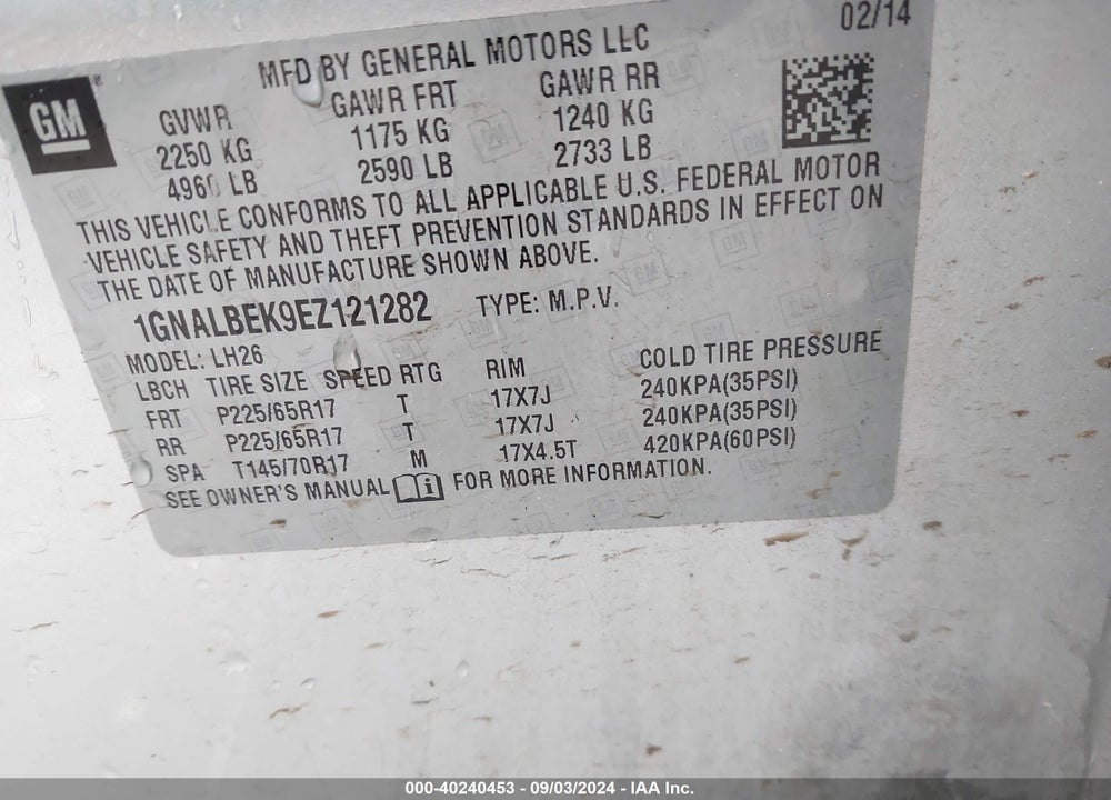 2014 CHEVROLET EQUINOX 1LT VIN: 1GNALBEK9EZ121282