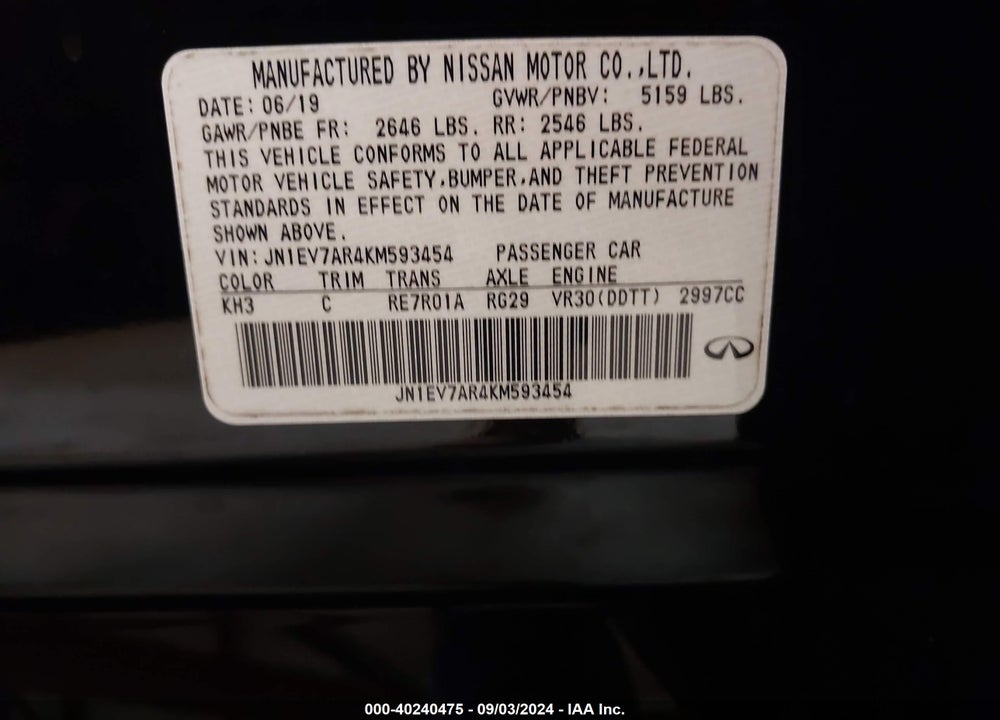 2019 INFINITI Q50 3.0T LUXE VIN: JN1EV7AR4KM593454
