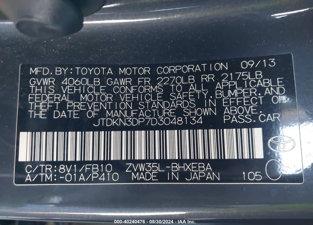 2013 TOYOTA PRIUS PLUG-IN VIN: JTDKN3DP7D3048134