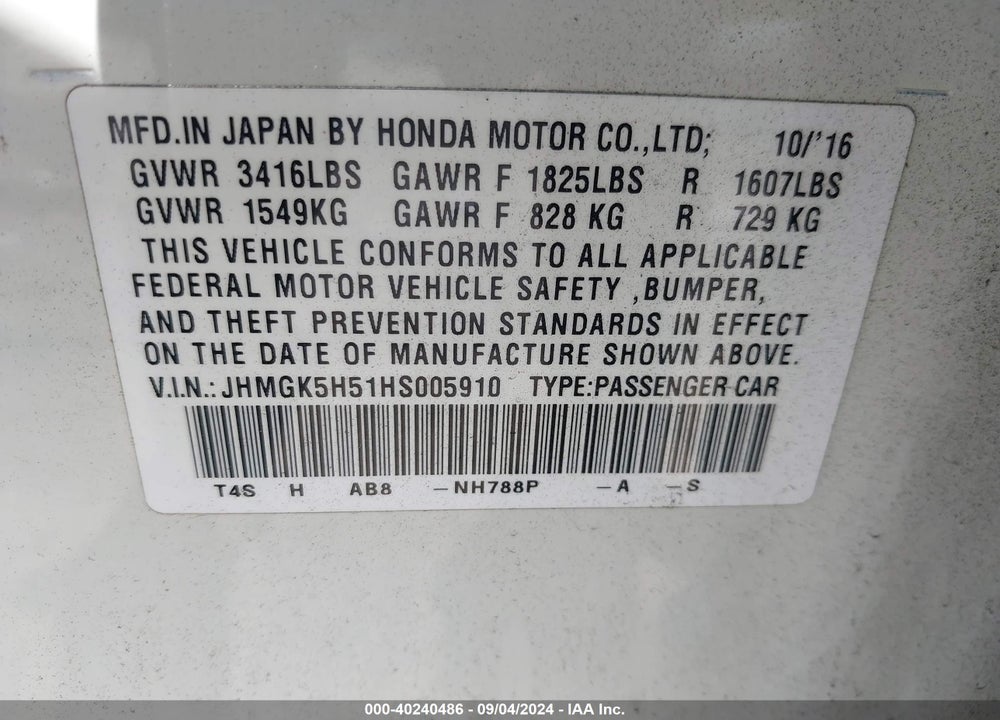2017 HONDA FIT LX VIN: JHMGK5H51HS005910