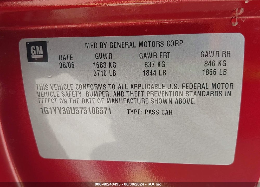2007 CHEVROLET CORVETTE VIN: 1G1YY36U575106571
