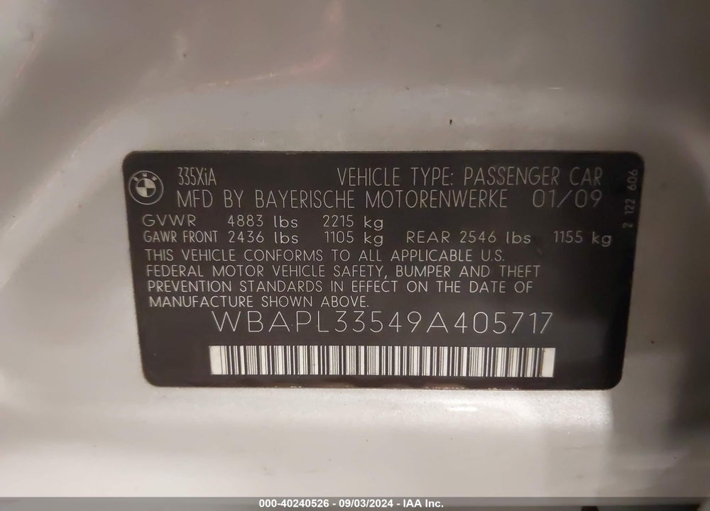 2009 BMW 335I XDRIVE VIN: WBAPL33549A405717