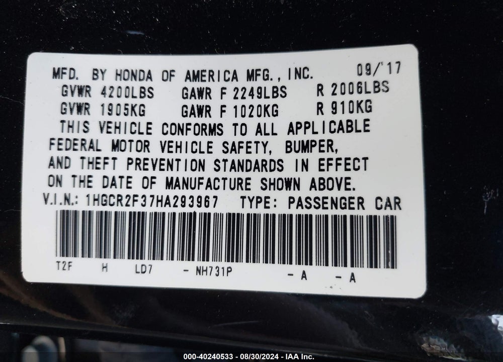 2017 HONDA ACCORD LX VIN: 1HGCR2F37HA293967