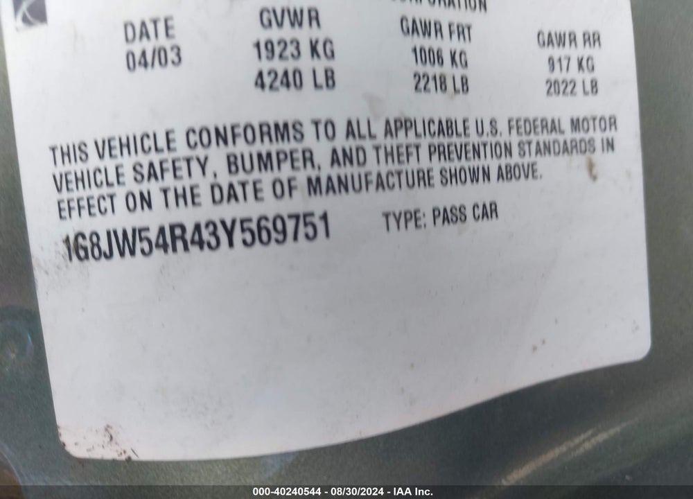 2003 SATURN L-SERIES VIN: 1G8JW54R43Y569751