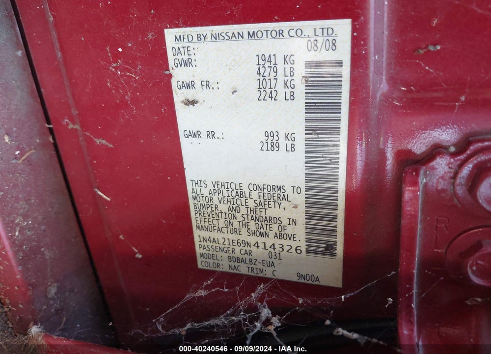 2009 NISSAN ALTIMA 2.5 S VIN: 1N4AL21E69N414326