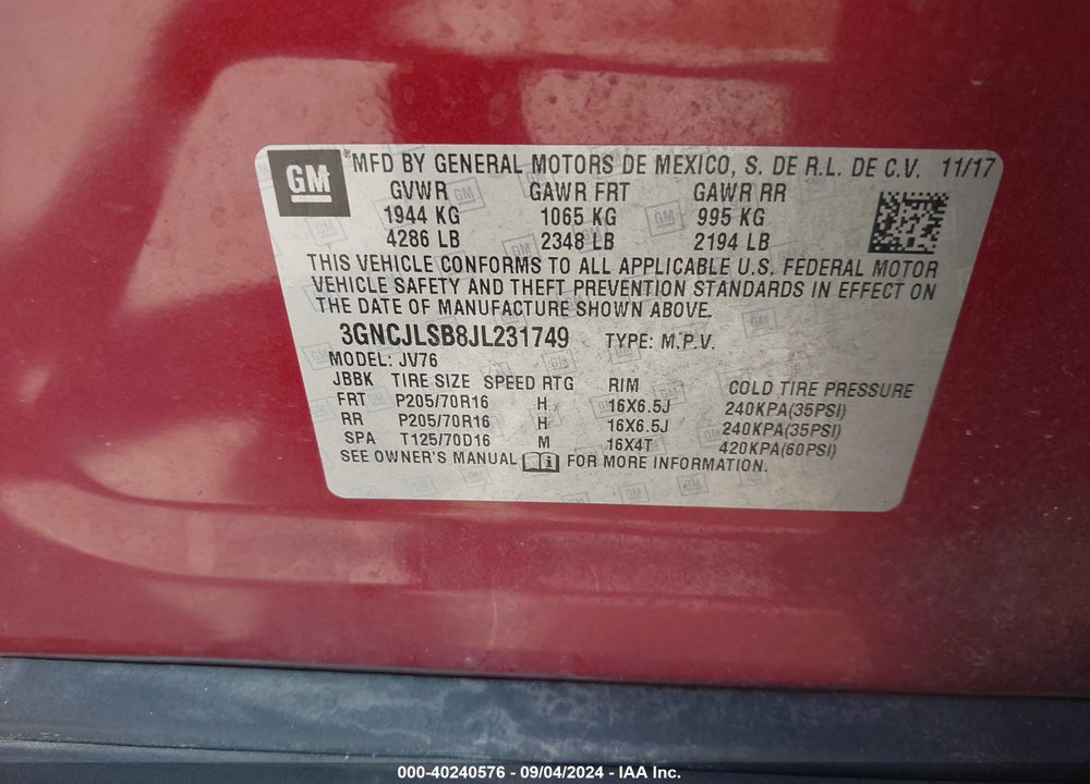 2018 CHEVROLET TRAX LT VIN: 3GNCJLSB8JL231749