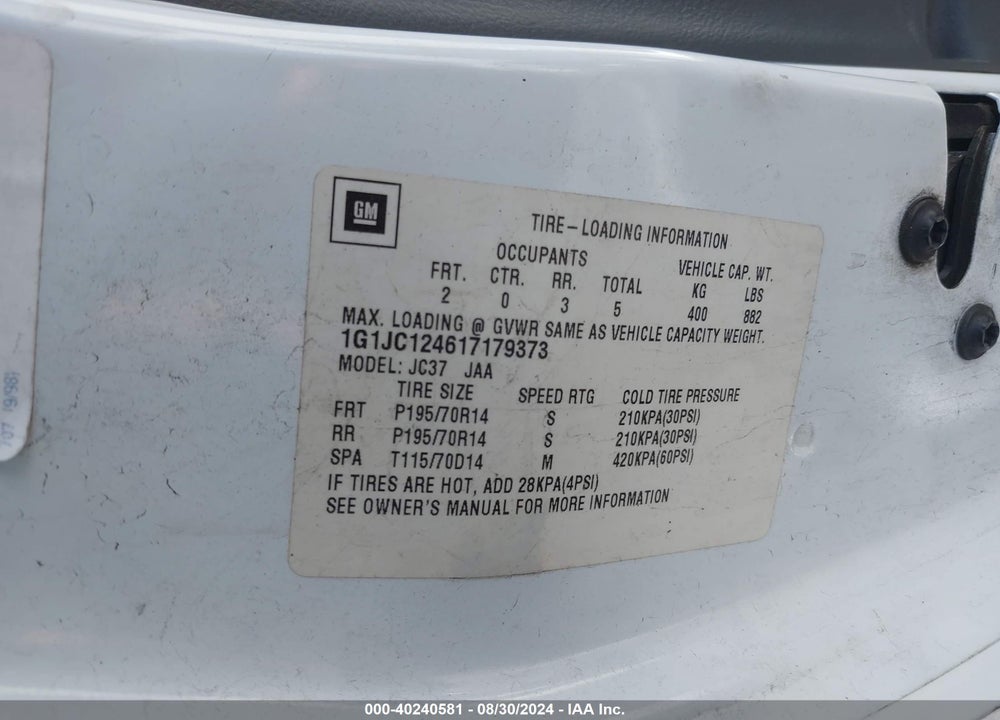 2001 CHEVROLET CAVALIER VIN: 1G1JC124617179373