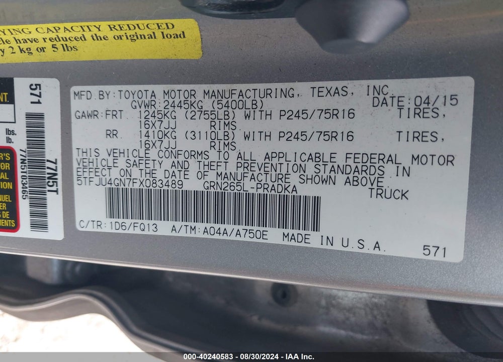 2015 TOYOTA TACOMA PRERUNNER V6 VIN: 5TFJU4GN7FX083489