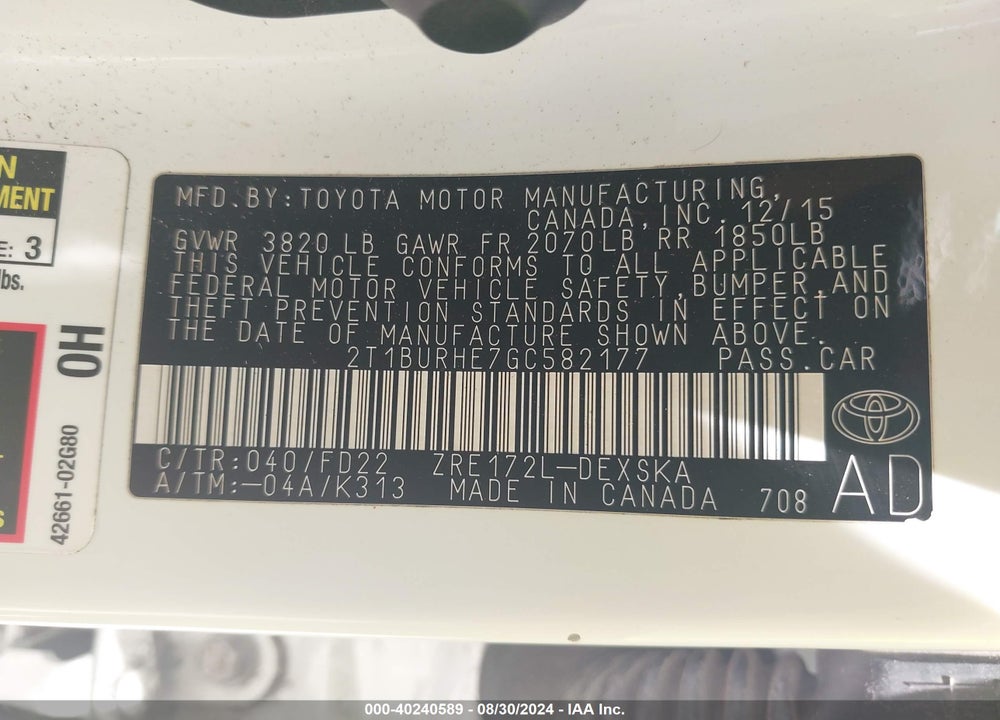 2016 TOYOTA COROLLA S PLUS VIN: 2T1BURHE7GC582177