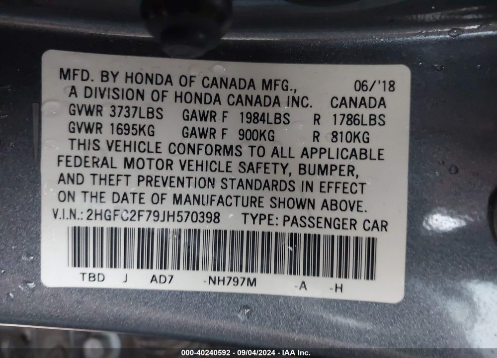 2018 HONDA CIVIC EX VIN: 2HGFC2F79JH570398
