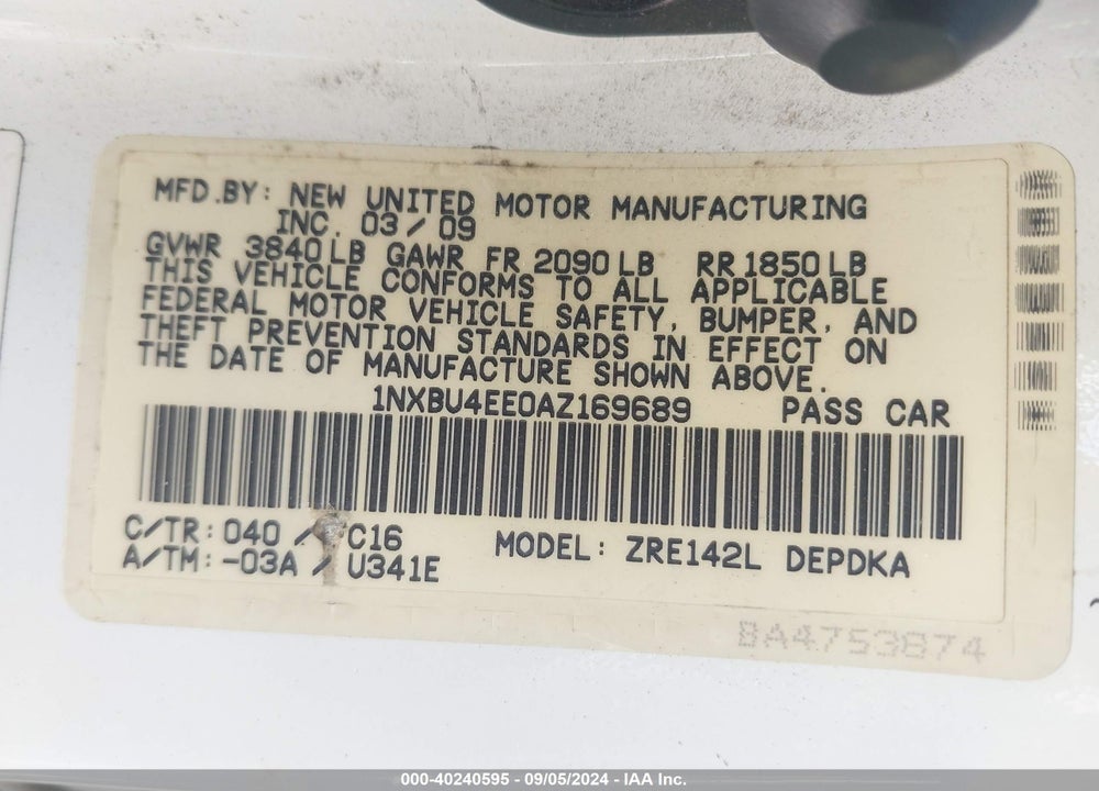 2010 TOYOTA COROLLA LE VIN: 1NXBU4EE0AZ169689