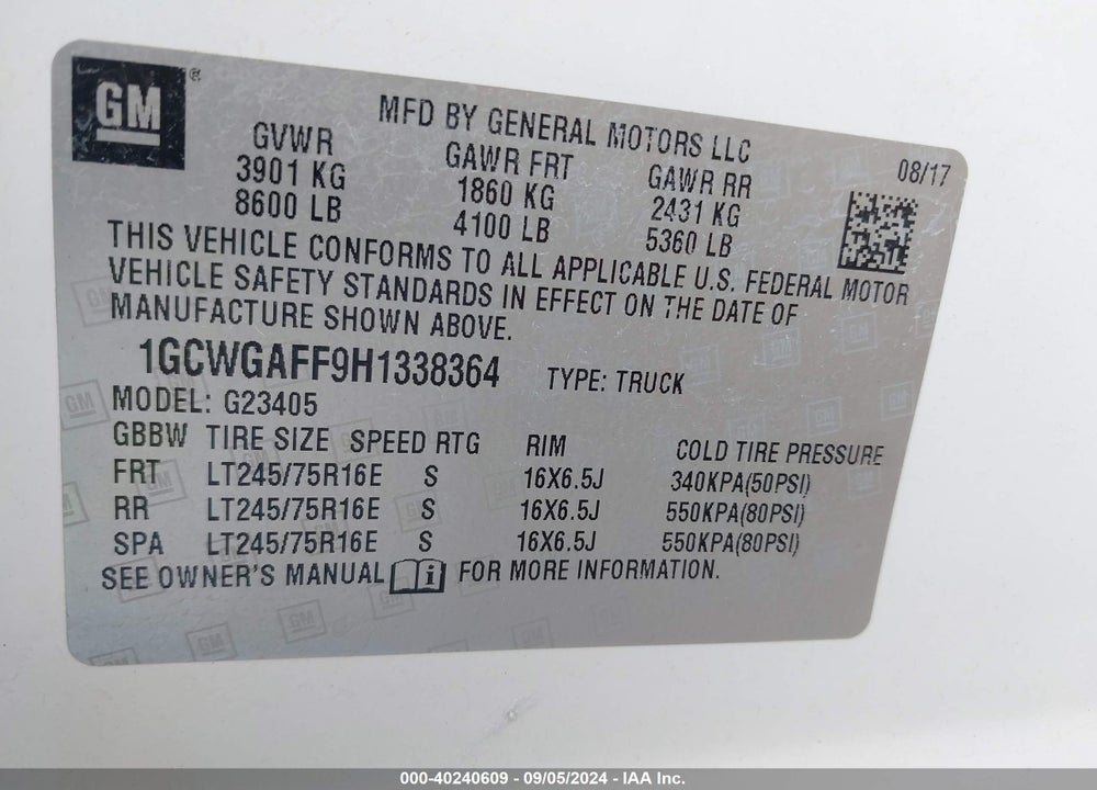 2017 CHEVROLET EXPRESS 2500 WORK VAN VIN: 1GCWGAFF9H1338364