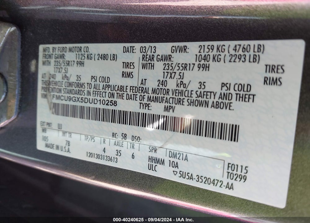 2013 FORD ESCAPE VIN: 1FMCU9GX5DUD10258