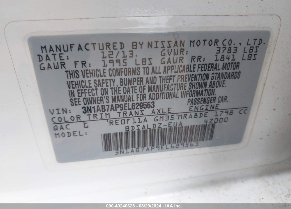 2014 NISSAN SENTRA VIN: 3N1AB7AP9EL629563