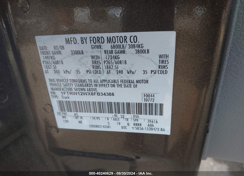 2008 FORD F-150 60TH ANNIVERSARY/FX2/XL/XLT VIN: 1FTRW12WX8FB34388