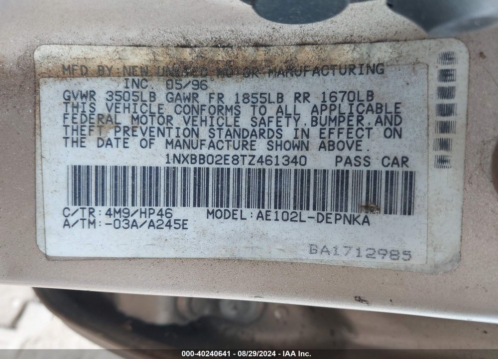 1996 TOYOTA COROLLA VIN: 1NXBB02E8TZ461340