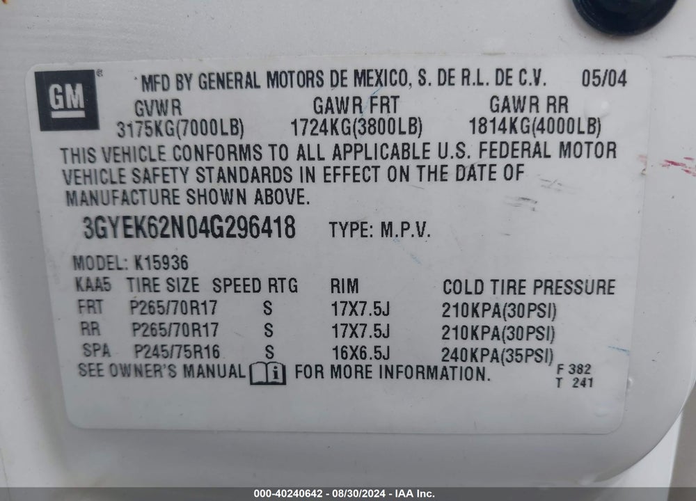 2004 CADILLAC ESCALADE EXT STANDARD VIN: 3GYEK62N04G296418